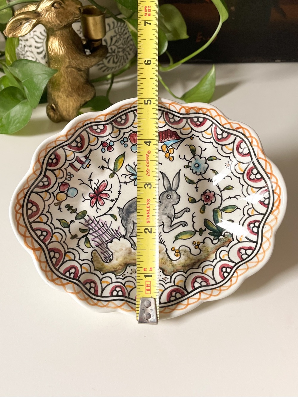 Coimbra Portugal Hand Painted Ceramic Scalloped Floral Rabbit Trinket Dish - Picture 5 of 8